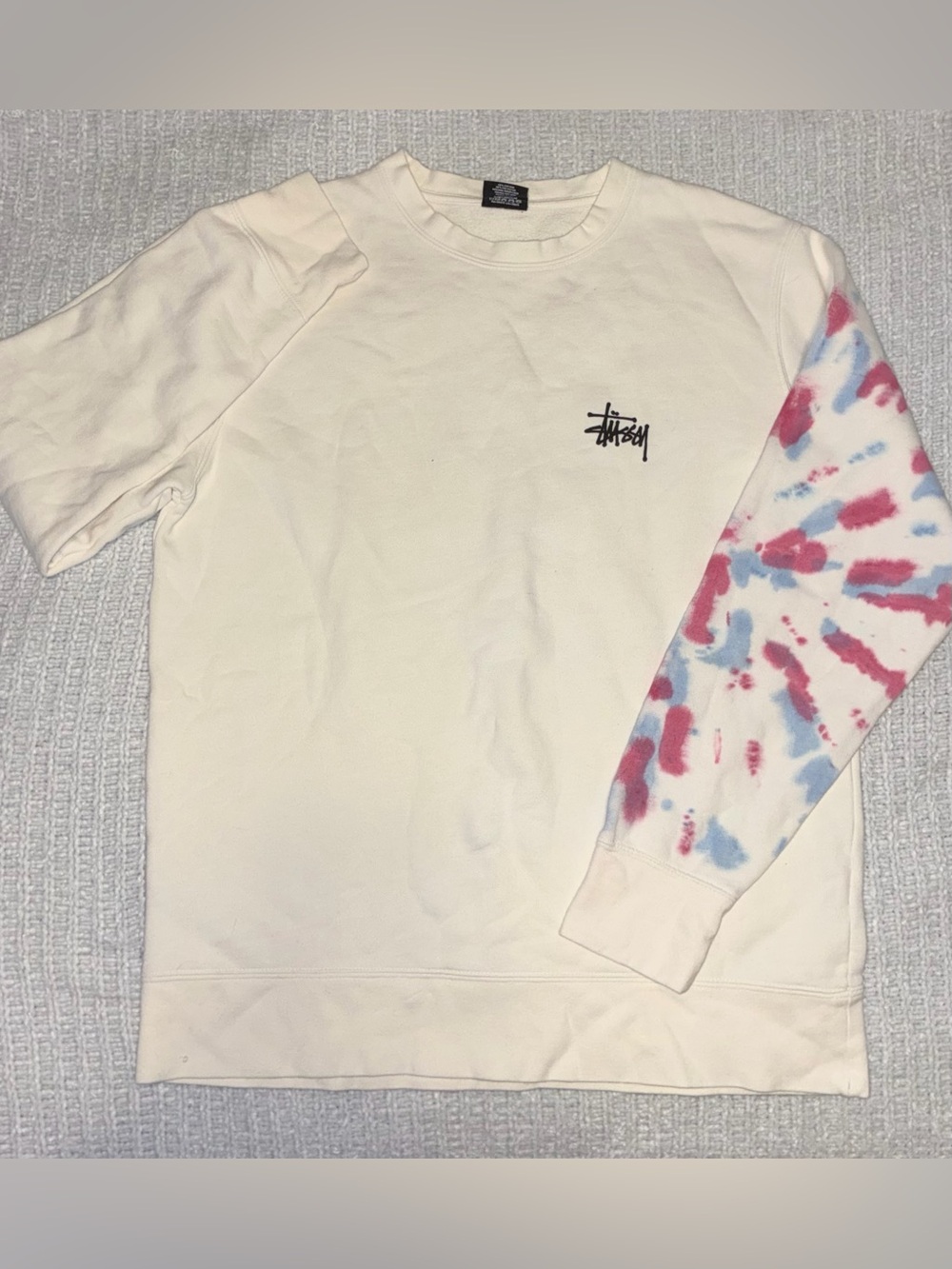 🆕 NWOT Stussy White Crewneck with Pastel Pink & Blue Tie-Dye Size Medium - Picture 4 of 9